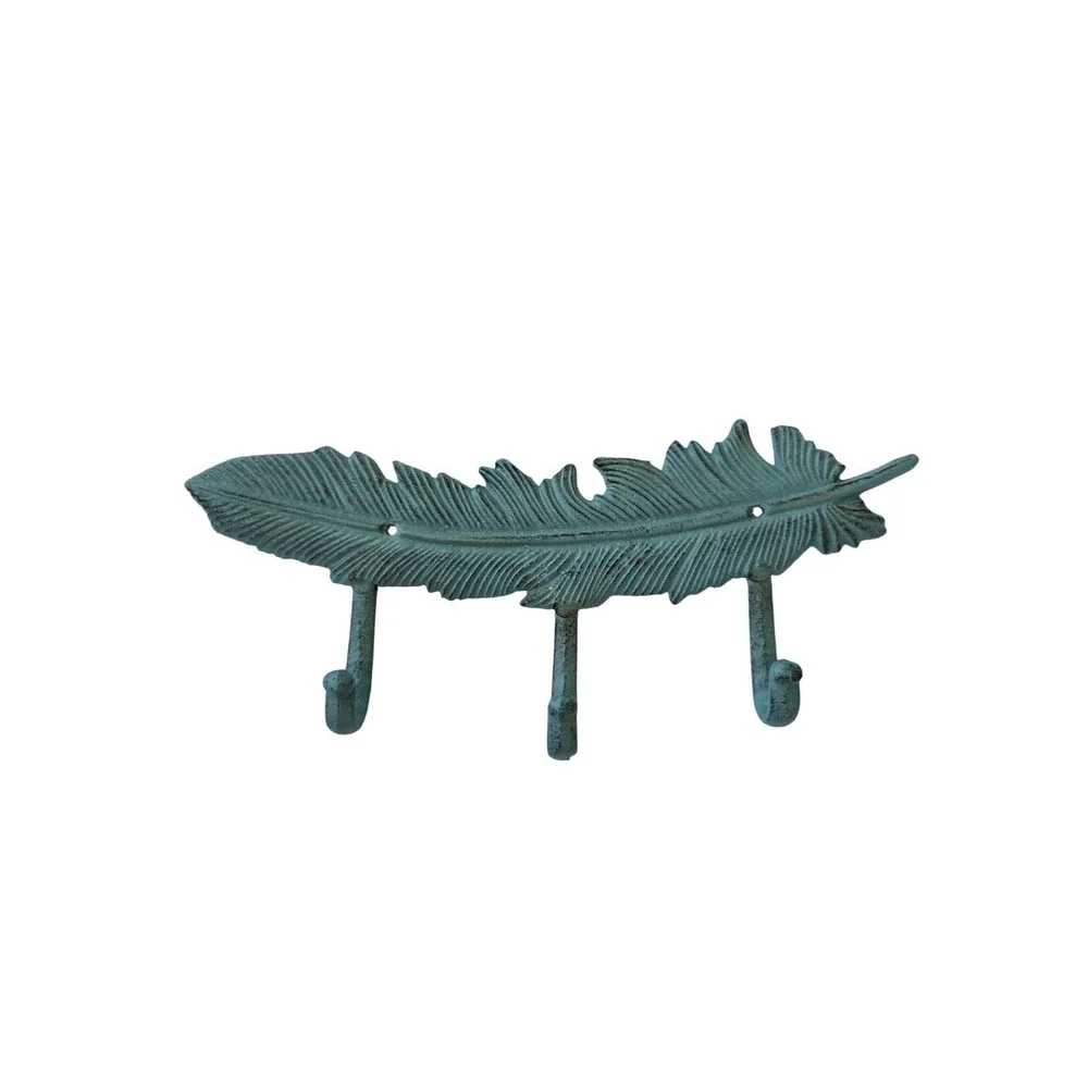 Vintage Cast Iron Feather Wall Hook Rack 3 Hooks Verdigris Green Rustic Decor K3